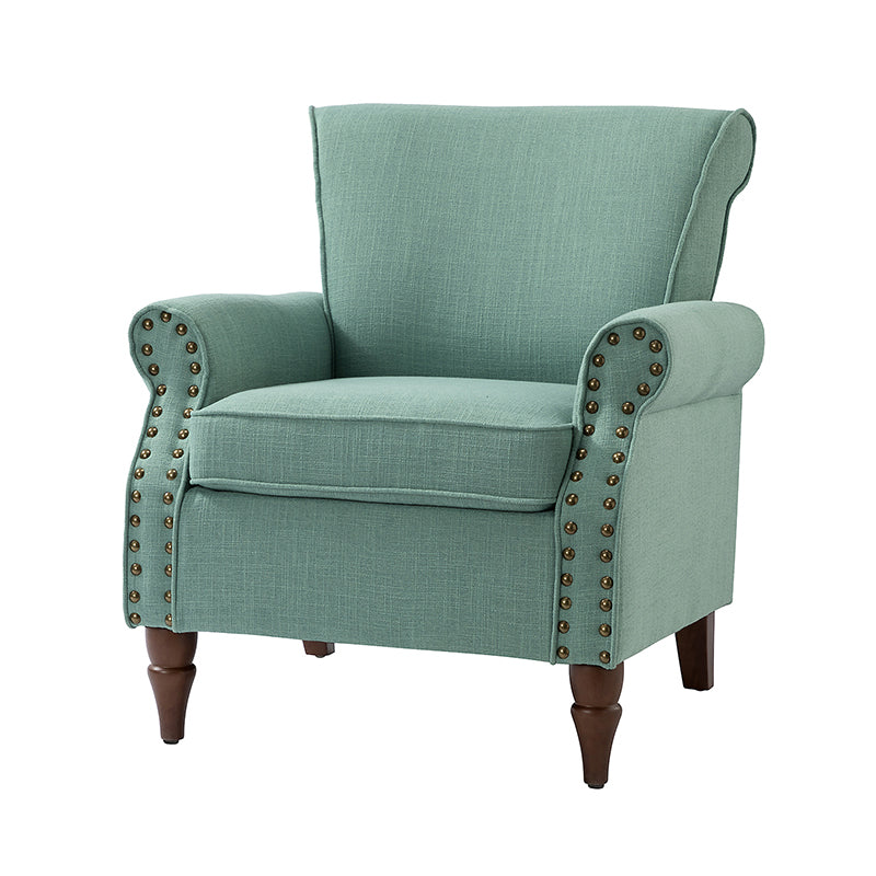 Fauteuil rembourré en polyester avec coussin de siège amovible, rembourrage en mousse et pieds en bois de noyer massif sculpté | Bleu / Avoine / Marine / Ivoire / Gris / Sauge / Sarcelle / Anthracite | Monoplace