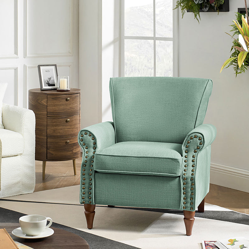 Fauteuil rembourré en polyester avec coussin de siège amovible, rembourrage en mousse et pieds en bois de noyer massif sculpté | Bleu / Avoine / Marine / Ivoire / Gris / Sauge / Sarcelle / Anthracite | Monoplace