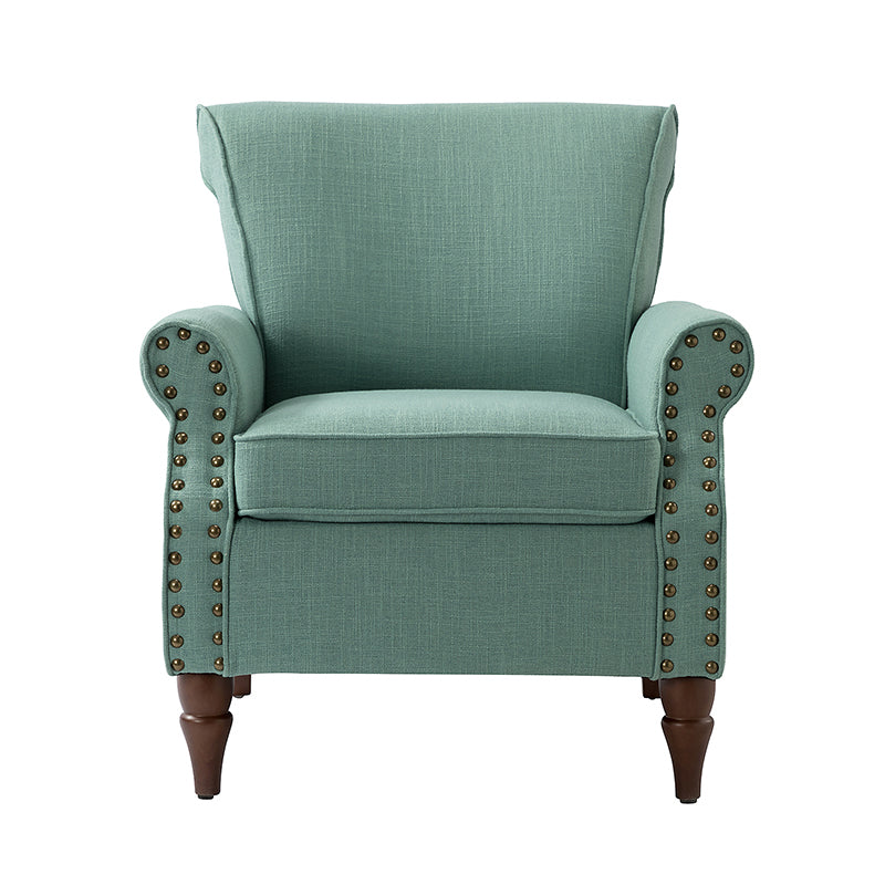 Fauteuil rembourré en polyester avec coussin de siège amovible, rembourrage en mousse et pieds en bois de noyer massif sculpté | Bleu / Avoine / Marine / Ivoire / Gris / Sauge / Sarcelle / Anthracite | Monoplace