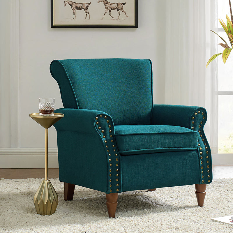 Fauteuil rembourré en polyester avec coussin de siège amovible, rembourrage en mousse et pieds en bois de noyer massif sculpté | Bleu / Avoine / Marine / Ivoire / Gris / Sauge / Sarcelle / Anthracite | Monoplace