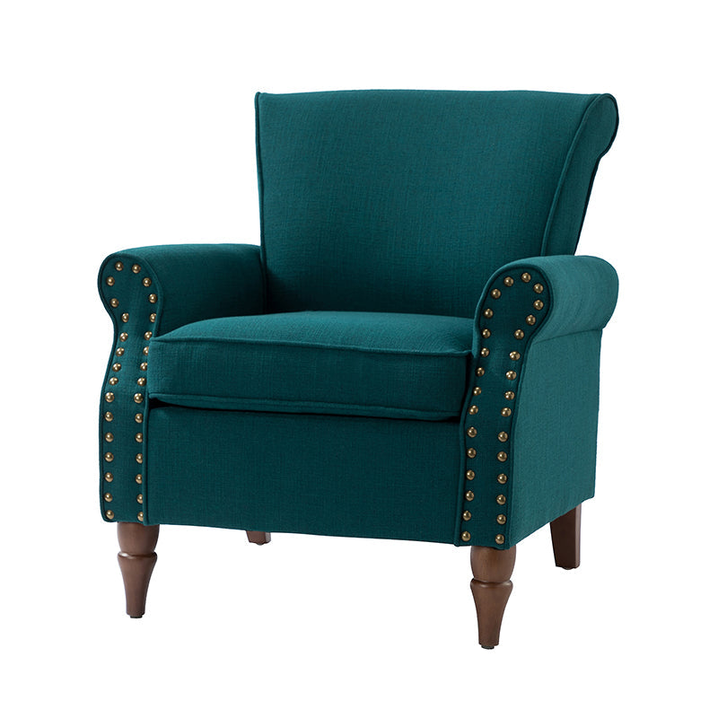 Fauteuil rembourré en polyester avec coussin de siège amovible, rembourrage en mousse et pieds en bois de noyer massif sculpté | Bleu / Avoine / Marine / Ivoire / Gris / Sauge / Sarcelle / Anthracite | Monoplace