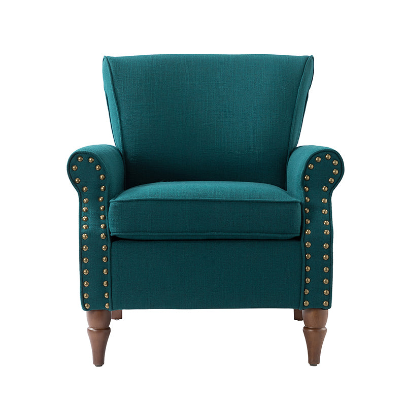 Fauteuil rembourré en polyester avec coussin de siège amovible, rembourrage en mousse et pieds en bois de noyer massif sculpté | Bleu / Avoine / Marine / Ivoire / Gris / Sauge / Sarcelle / Anthracite | Monoplace