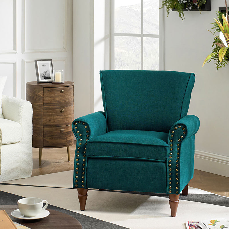 Fauteuil rembourré en polyester avec coussin de siège amovible, rembourrage en mousse et pieds en bois de noyer massif sculpté | Bleu / Avoine / Marine / Ivoire / Gris / Sauge / Sarcelle / Anthracite | Monoplace