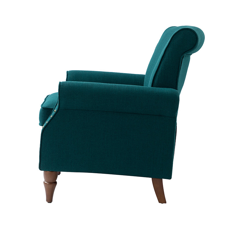 Fauteuil rembourré en polyester avec coussin de siège amovible, rembourrage en mousse et pieds en bois de noyer massif sculpté | Bleu / Avoine / Marine / Ivoire / Gris / Sauge / Sarcelle / Anthracite | Monoplace