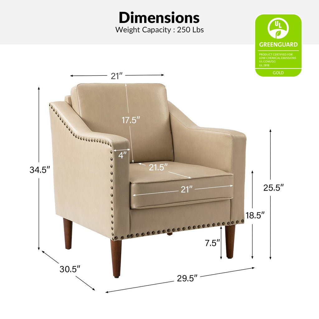Fauteuil en cuir PU avec garniture cloutée, accoudoirs inclinés, coussins amovibles et pieds en bois massif | Camel / Noir / Beige / Marron / Marine | Siège unique