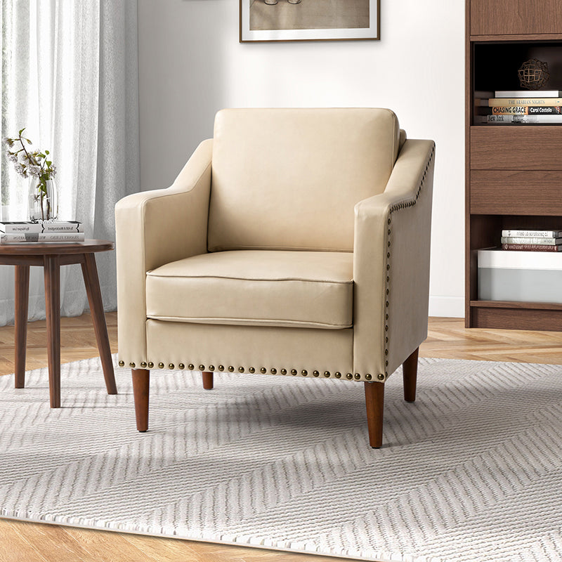 Fauteuil en cuir PU avec garniture cloutée, accoudoirs inclinés, coussins amovibles et pieds en bois massif | Camel / Noir / Beige / Marron / Marine | Siège unique
