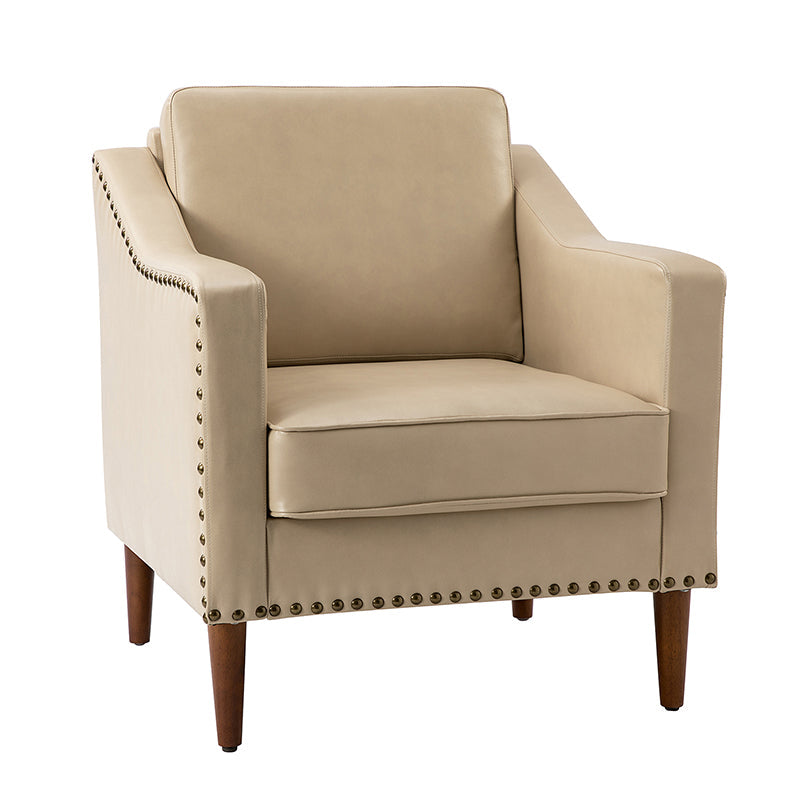 Fauteuil en cuir PU avec garniture cloutée, accoudoirs inclinés, coussins amovibles et pieds en bois massif | Camel / Noir / Beige / Marron / Marine | Siège unique