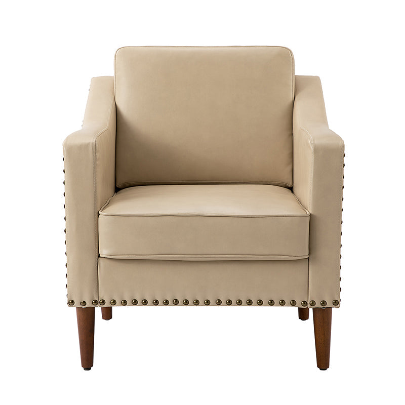 Fauteuil en cuir PU avec garniture cloutée, accoudoirs inclinés, coussins amovibles et pieds en bois massif | Camel / Noir / Beige / Marron / Marine | Siège unique
