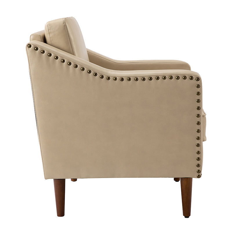 Fauteuil en cuir PU avec garniture cloutée, accoudoirs inclinés, coussins amovibles et pieds en bois massif | Camel / Noir / Beige / Marron / Marine | Siège unique