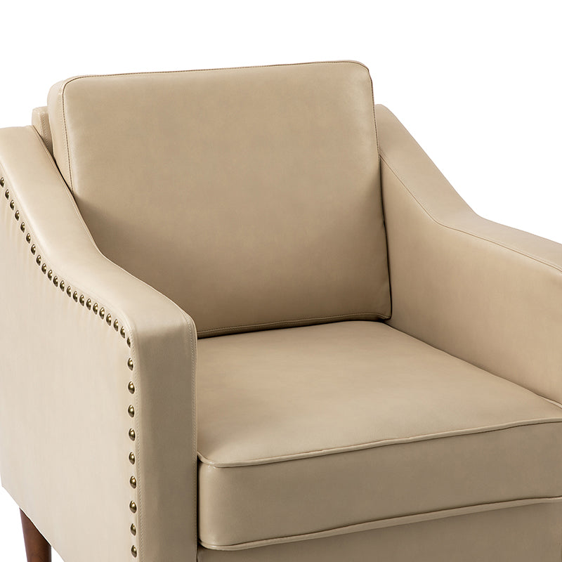 Fauteuil en cuir PU avec garniture cloutée, accoudoirs inclinés, coussins amovibles et pieds en bois massif | Camel / Noir / Beige / Marron / Marine | Siège unique