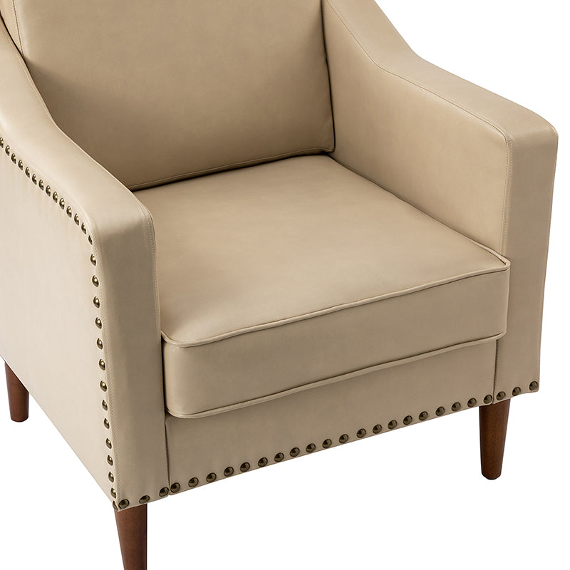 Fauteuil en cuir PU avec garniture cloutée, accoudoirs inclinés, coussins amovibles et pieds en bois massif | Camel / Noir / Beige / Marron / Marine | Siège unique