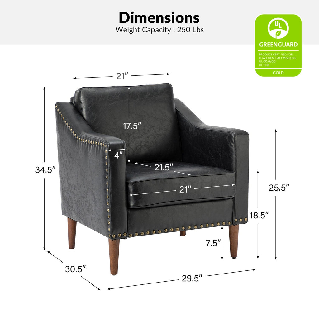 Fauteuil en cuir PU avec garniture cloutée, accoudoirs inclinés, coussins amovibles et pieds en bois massif | Camel / Noir / Beige / Marron / Marine | Siège unique