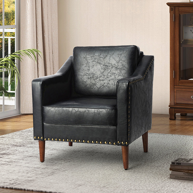 Fauteuil en cuir PU avec garniture cloutée, accoudoirs inclinés, coussins amovibles et pieds en bois massif | Camel / Noir / Beige / Marron / Marine | Siège unique