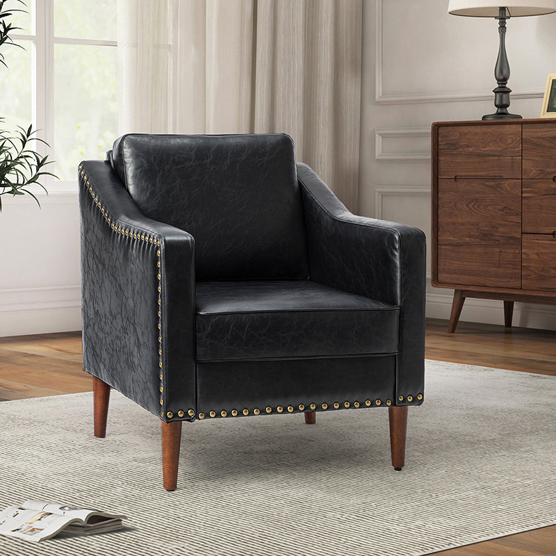 Fauteuil en cuir PU avec garniture cloutée, accoudoirs inclinés, coussins amovibles et pieds en bois massif | Camel / Noir / Beige / Marron / Marine | Siège unique