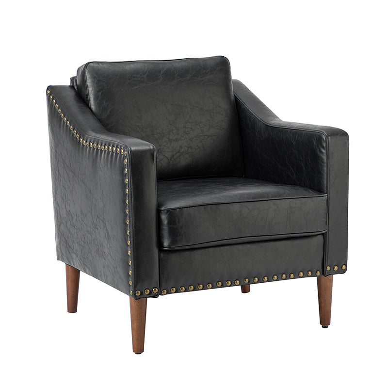Fauteuil en cuir PU avec garniture cloutée, accoudoirs inclinés, coussins amovibles et pieds en bois massif | Camel / Noir / Beige / Marron / Marine | Siège unique