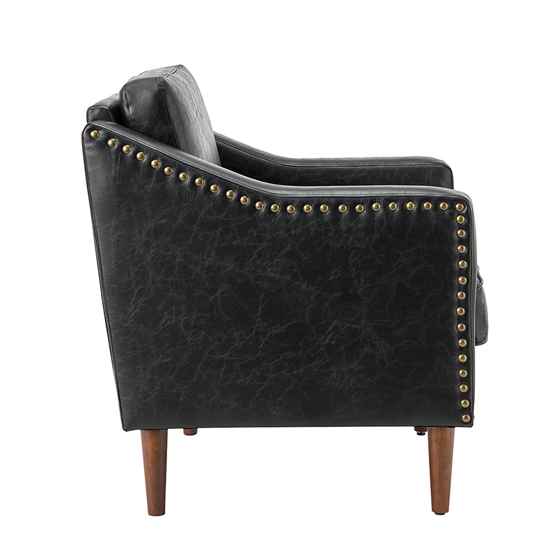 Fauteuil en cuir PU avec garniture cloutée, accoudoirs inclinés, coussins amovibles et pieds en bois massif | Camel / Noir / Beige / Marron / Marine | Siège unique