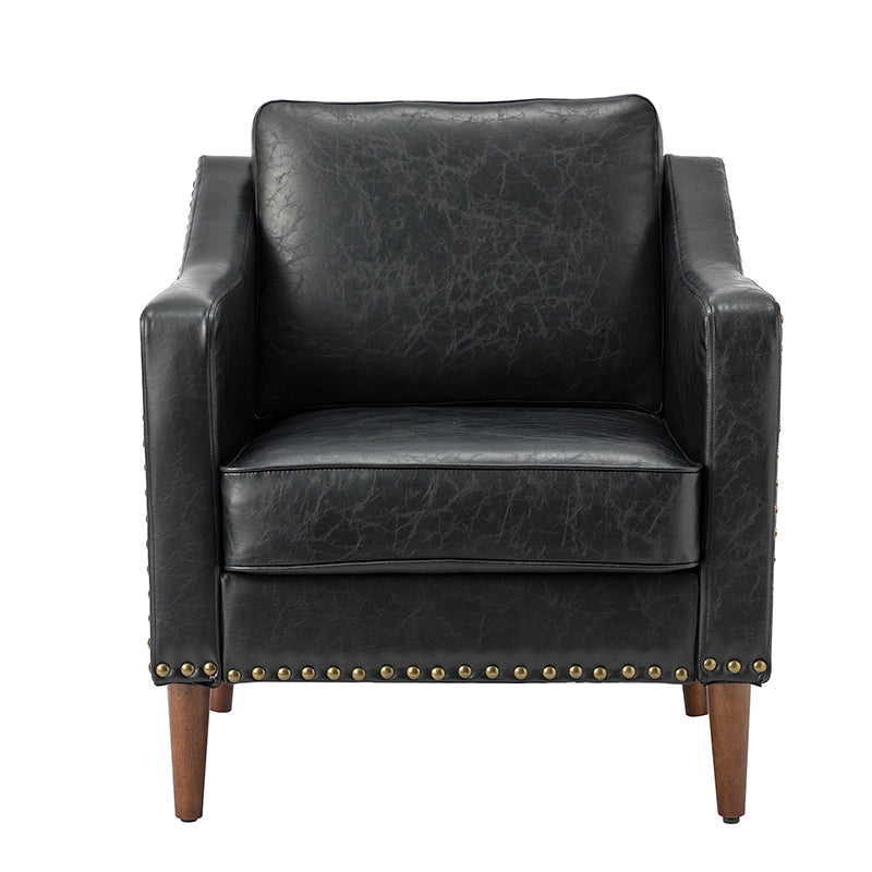 Fauteuil en cuir PU avec garniture cloutée, accoudoirs inclinés, coussins amovibles et pieds en bois massif | Camel / Noir / Beige / Marron / Marine | Siège unique