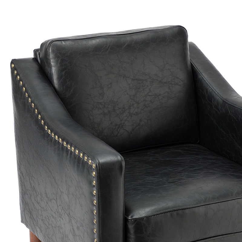 Fauteuil en cuir PU avec garniture cloutée, accoudoirs inclinés, coussins amovibles et pieds en bois massif | Camel / Noir / Beige / Marron / Marine | Siège unique