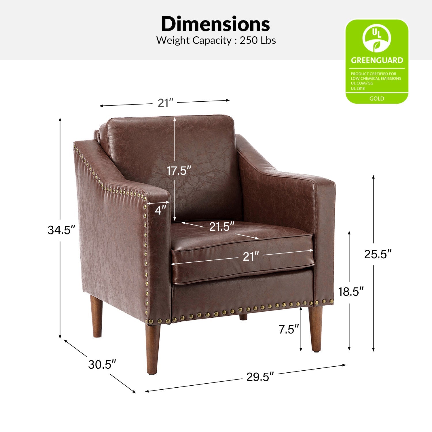 Fauteuil en cuir PU avec garniture cloutée, accoudoirs inclinés, coussins amovibles et pieds en bois massif | Camel / Noir / Beige / Marron / Marine | Siège unique