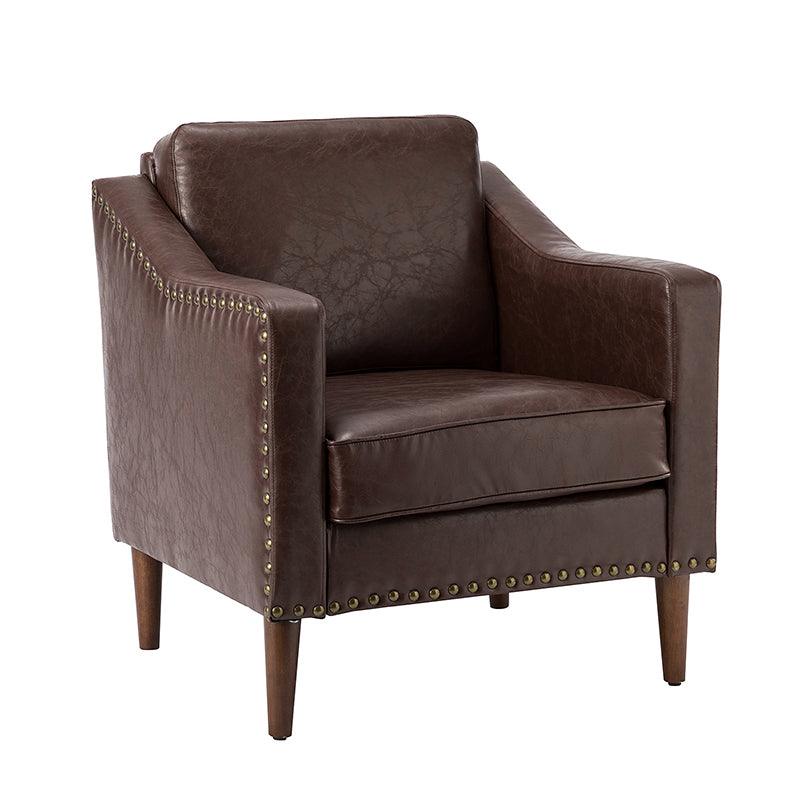 Fauteuil en cuir PU avec garniture cloutée, accoudoirs inclinés, coussins amovibles et pieds en bois massif | Camel / Noir / Beige / Marron / Marine | Siège unique