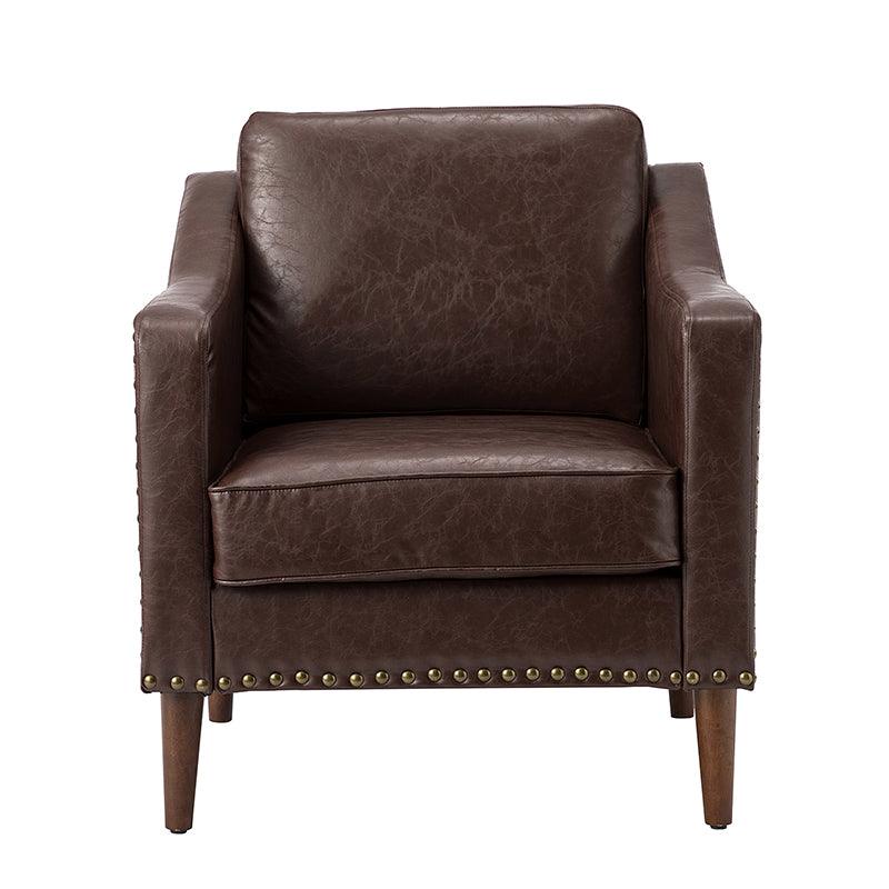 Fauteuil en cuir PU avec garniture cloutée, accoudoirs inclinés, coussins amovibles et pieds en bois massif | Camel / Noir / Beige / Marron / Marine | Siège unique