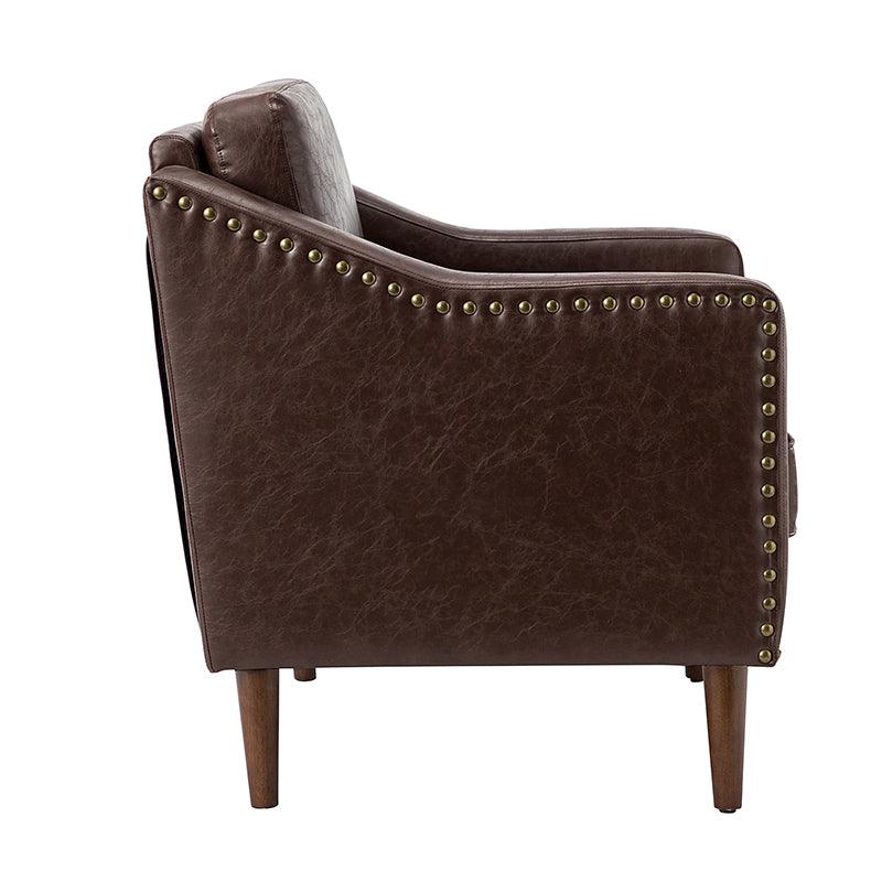 Fauteuil en cuir PU avec garniture cloutée, accoudoirs inclinés, coussins amovibles et pieds en bois massif | Camel / Noir / Beige / Marron / Marine | Siège unique