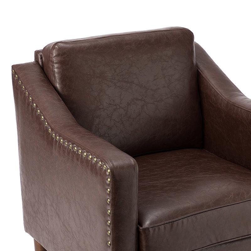 Fauteuil en cuir PU avec garniture cloutée, accoudoirs inclinés, coussins amovibles et pieds en bois massif | Camel / Noir / Beige / Marron / Marine | Siège unique