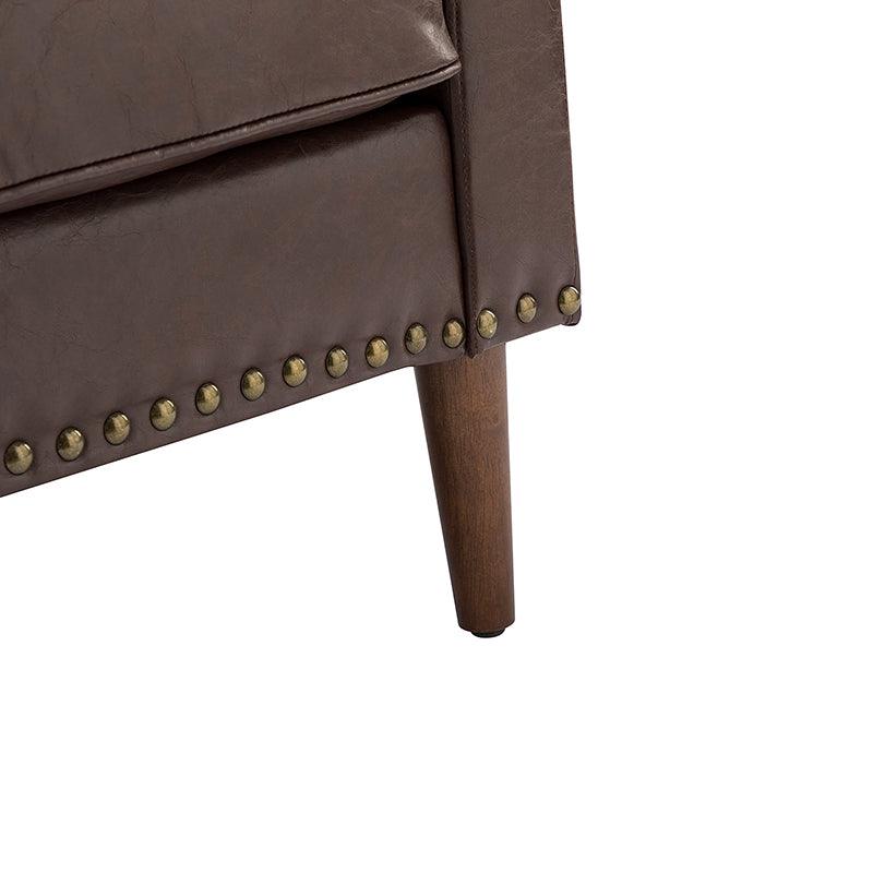 Fauteuil en cuir PU avec garniture cloutée, accoudoirs inclinés, coussins amovibles et pieds en bois massif | Camel / Noir / Beige / Marron / Marine | Siège unique