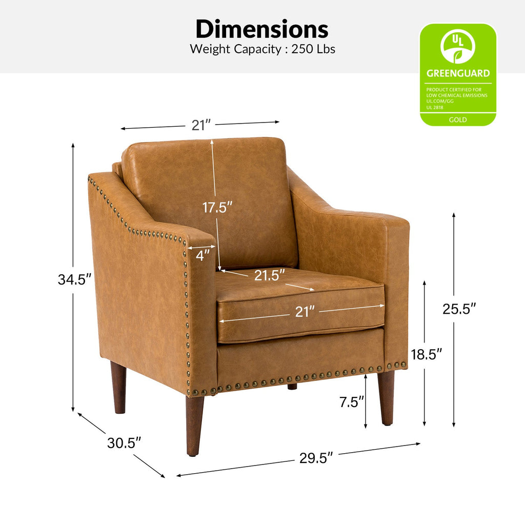 Fauteuil en cuir PU avec garniture cloutée, accoudoirs inclinés, coussins amovibles et pieds en bois massif | Camel / Noir / Beige / Marron / Marine | Siège unique