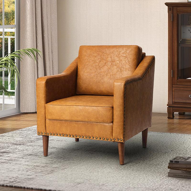 Fauteuil en cuir PU avec garniture cloutée, accoudoirs inclinés, coussins amovibles et pieds en bois massif | Camel / Noir / Beige / Marron / Marine | Siège unique