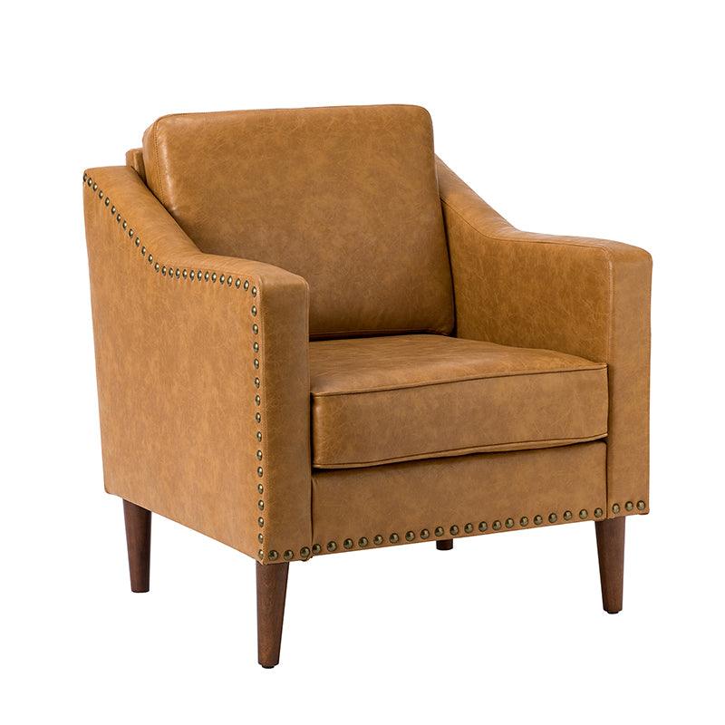 Fauteuil en cuir PU avec garniture cloutée, accoudoirs inclinés, coussins amovibles et pieds en bois massif | Camel / Noir / Beige / Marron / Marine | Siège unique