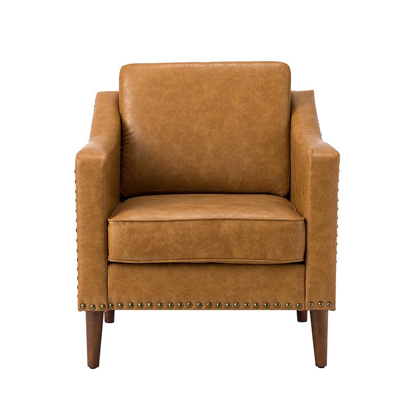Fauteuil en cuir PU avec garniture cloutée, accoudoirs inclinés, coussins amovibles et pieds en bois massif | Camel / Noir / Beige / Marron / Marine | Siège unique