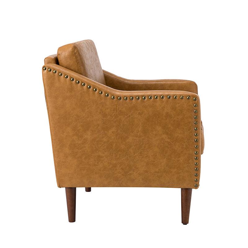 Fauteuil en cuir PU avec garniture cloutée, accoudoirs inclinés, coussins amovibles et pieds en bois massif | Camel / Noir / Beige / Marron / Marine | Siège unique