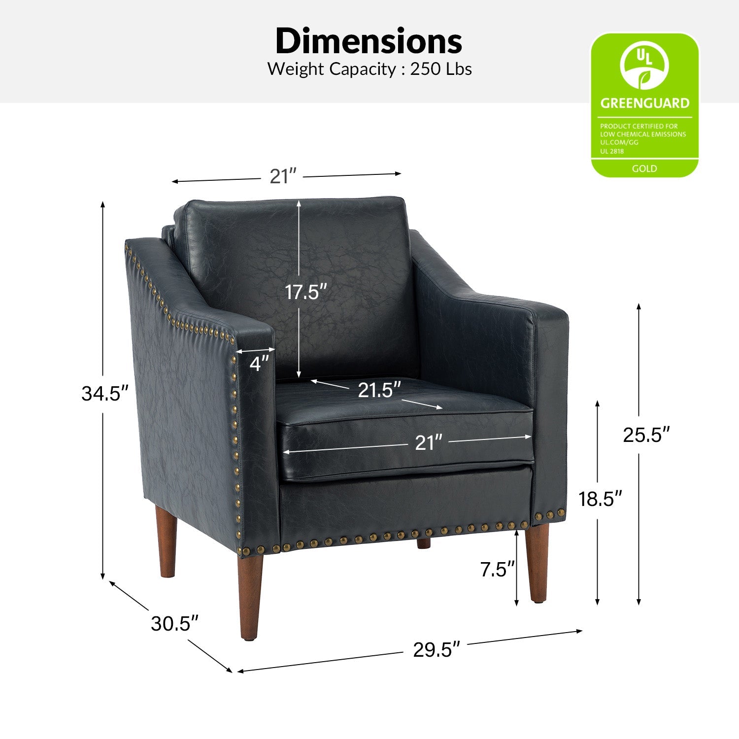 Fauteuil en cuir PU avec garniture cloutée, accoudoirs inclinés, coussins amovibles et pieds en bois massif | Camel / Noir / Beige / Marron / Marine | Siège unique