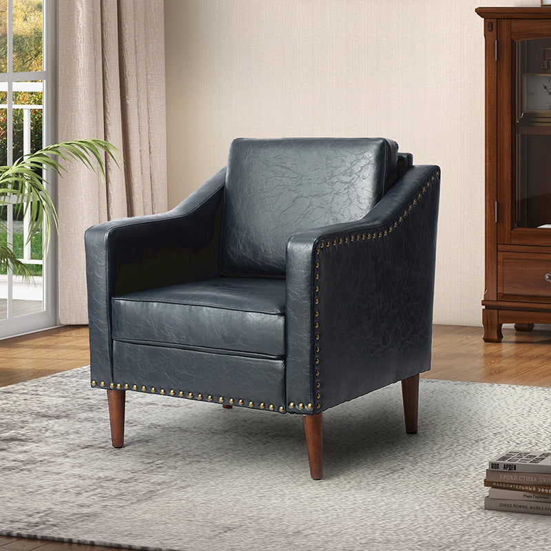 Fauteuil en cuir PU avec garniture cloutée, accoudoirs inclinés, coussins amovibles et pieds en bois massif | Camel / Noir / Beige / Marron / Marine | Siège unique