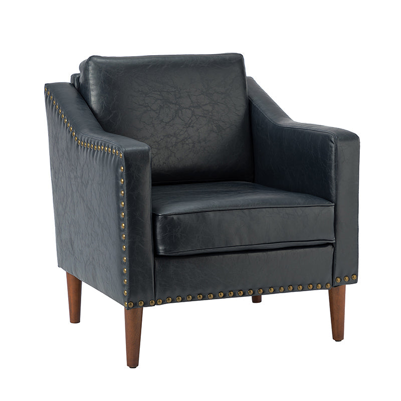 Fauteuil en cuir PU avec garniture cloutée, accoudoirs inclinés, coussins amovibles et pieds en bois massif | Camel / Noir / Beige / Marron / Marine | Siège unique