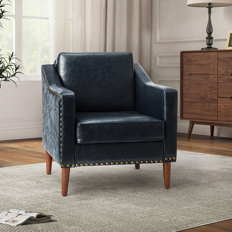 Fauteuil en cuir PU avec garniture cloutée, accoudoirs inclinés, coussins amovibles et pieds en bois massif | Camel / Noir / Beige / Marron / Marine | Siège unique