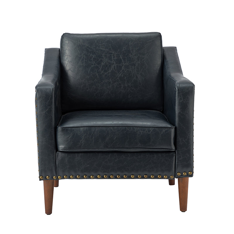 Fauteuil en cuir PU avec garniture cloutée, accoudoirs inclinés, coussins amovibles et pieds en bois massif | Camel / Noir / Beige / Marron / Marine | Siège unique