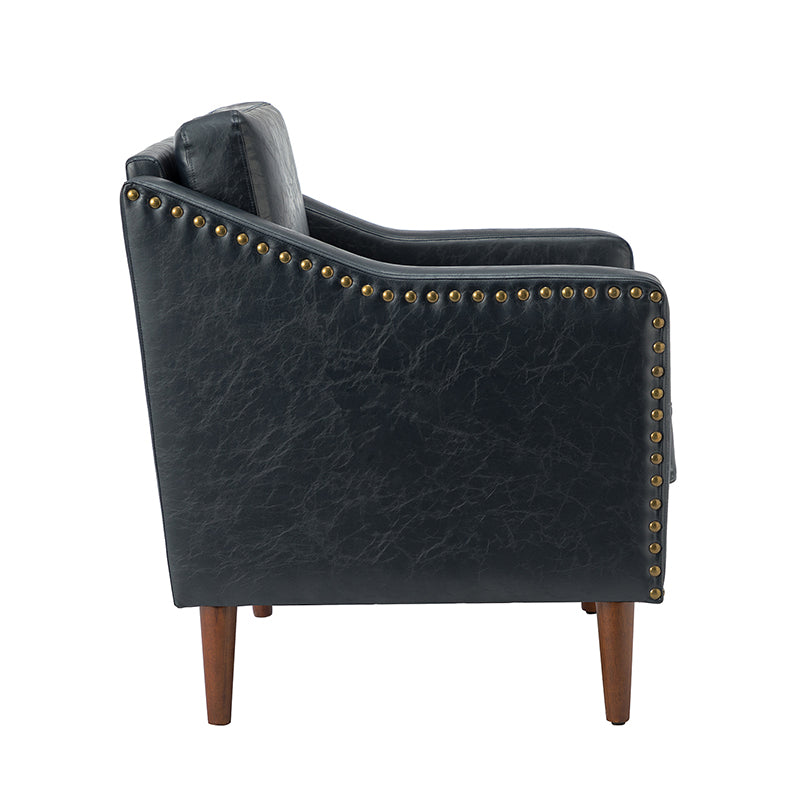 Fauteuil en cuir PU avec garniture cloutée, accoudoirs inclinés, coussins amovibles et pieds en bois massif | Camel / Noir / Beige / Marron / Marine | Siège unique