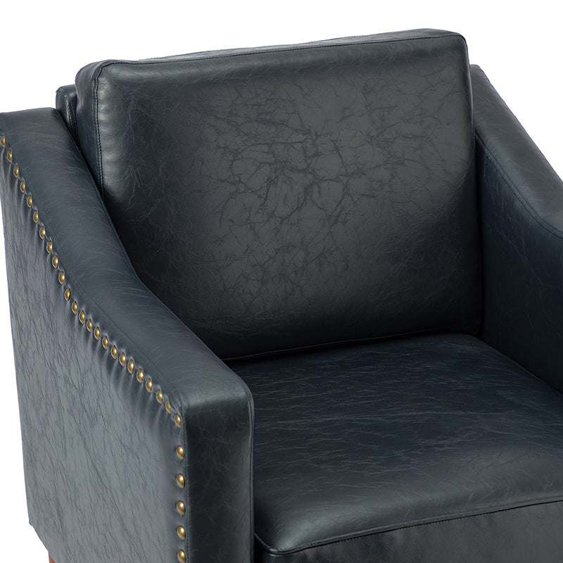 Fauteuil en cuir PU avec garniture cloutée, accoudoirs inclinés, coussins amovibles et pieds en bois massif | Camel / Noir / Beige / Marron / Marine | Siège unique