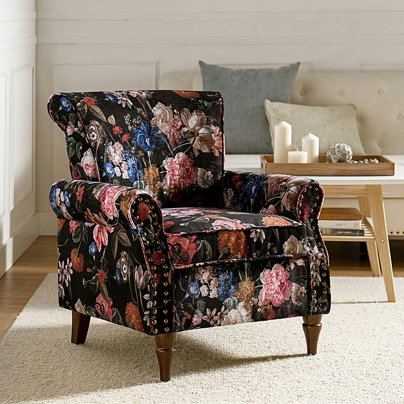 Fauteuil rembourré à accoudoirs roulés et garniture cloutée | Moutarde / Floral / Bleu / Peau de vache / Jaune / Vert / Noir / Gris / Marine / Pin / Médaillon / Rose | Siège unique