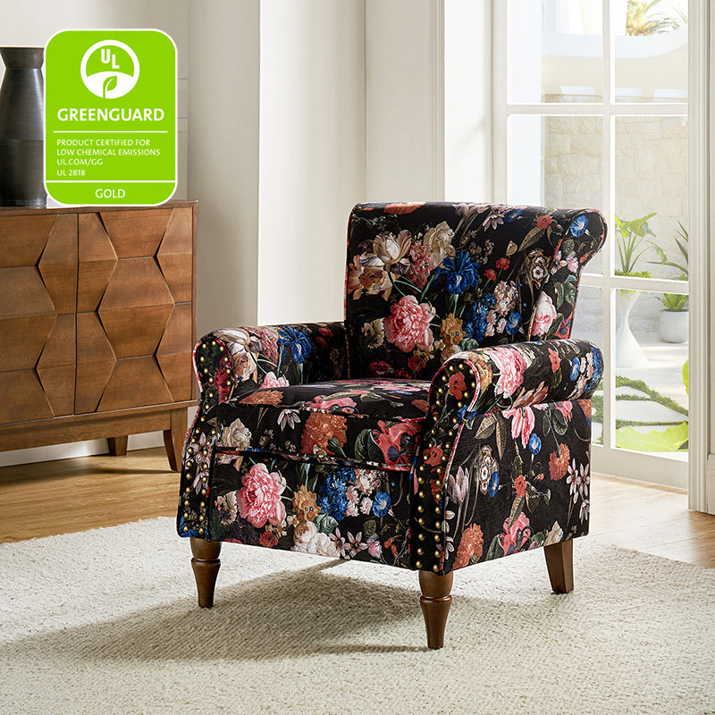 Fauteuil rembourré à accoudoirs roulés et garniture cloutée | Moutarde / Floral / Bleu / Peau de vache / Jaune / Vert / Noir / Gris / Marine / Pin / Médaillon / Rose | Siège unique