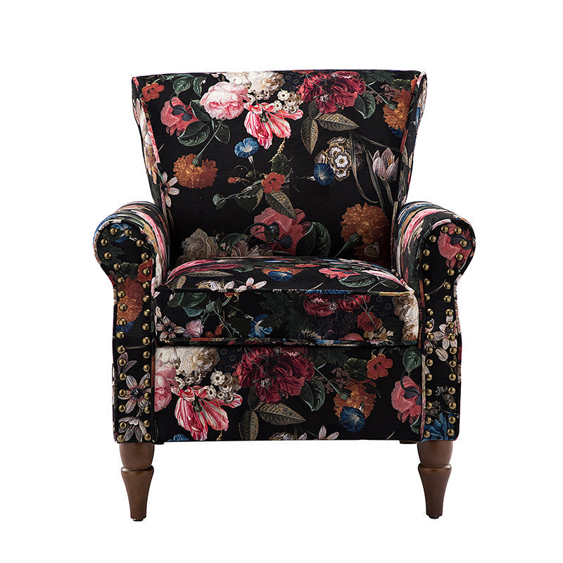 Fauteuil rembourré à accoudoirs roulés et garniture cloutée | Moutarde / Floral / Bleu / Peau de vache / Jaune / Vert / Noir / Gris / Marine / Pin / Médaillon / Rose | Siège unique