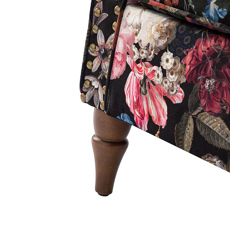 Fauteuil rembourré à accoudoirs roulés et garniture cloutée | Moutarde / Floral / Bleu / Peau de vache / Jaune / Vert / Noir / Gris / Marine / Pin / Médaillon / Rose | Siège unique