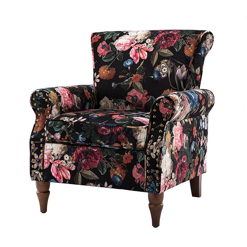 Fauteuil rembourré à accoudoirs roulés et garniture cloutée | Moutarde / Floral / Bleu / Peau de vache / Jaune / Vert / Noir / Gris / Marine / Pin / Médaillon / Rose | Siège unique
