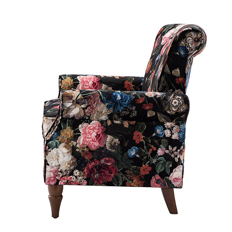 Fauteuil rembourré à accoudoirs roulés et garniture cloutée | Moutarde / Floral / Bleu / Peau de vache / Jaune / Vert / Noir / Gris / Marine / Pin / Médaillon / Rose | Siège unique