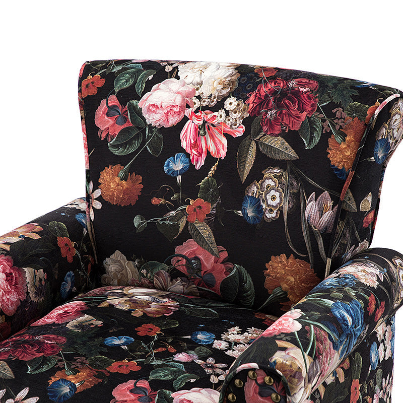 Fauteuil rembourré à accoudoirs roulés et garniture cloutée | Moutarde / Floral / Bleu / Peau de vache / Jaune / Vert / Noir / Gris / Marine / Pin / Médaillon / Rose | Siège unique