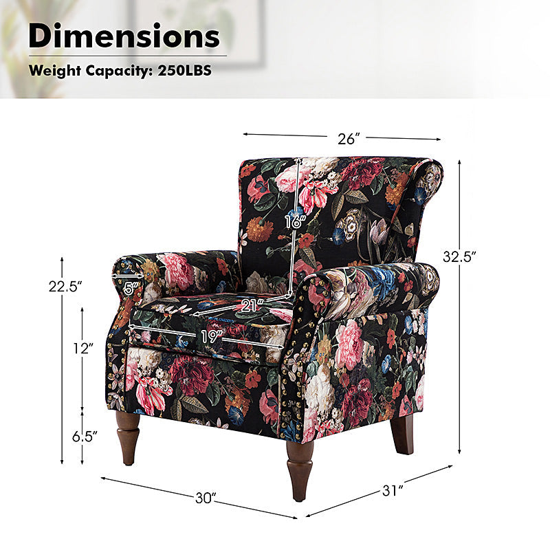 Fauteuil rembourré à accoudoirs roulés et garniture cloutée | Moutarde / Floral / Bleu / Peau de vache / Jaune / Vert / Noir / Gris / Marine / Pin / Médaillon / Rose | Siège unique