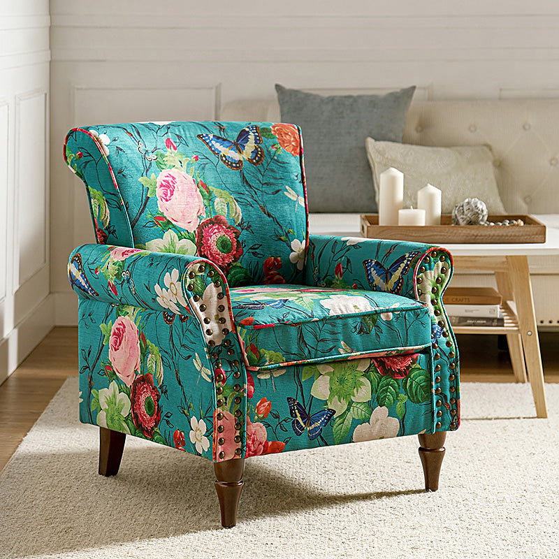 Fauteuil rembourré à accoudoirs roulés et garniture cloutée | Moutarde / Floral / Bleu / Peau de vache / Jaune / Vert / Noir / Gris / Marine / Pin / Médaillon / Rose | Siège unique
