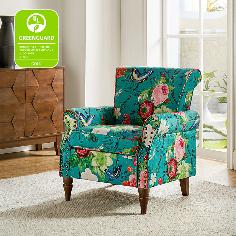 Fauteuil rembourré à accoudoirs roulés et garniture cloutée | Moutarde / Floral / Bleu / Peau de vache / Jaune / Vert / Noir / Gris / Marine / Pin / Médaillon / Rose | Siège unique